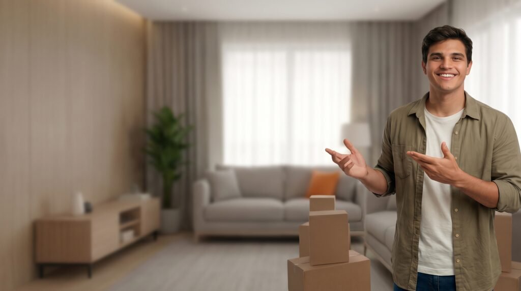 Homem sorrindo ao lado de caixas de encomendas na sala de estar, representando compras inteligentes e economia com cupons no Oportunidades na Rede.