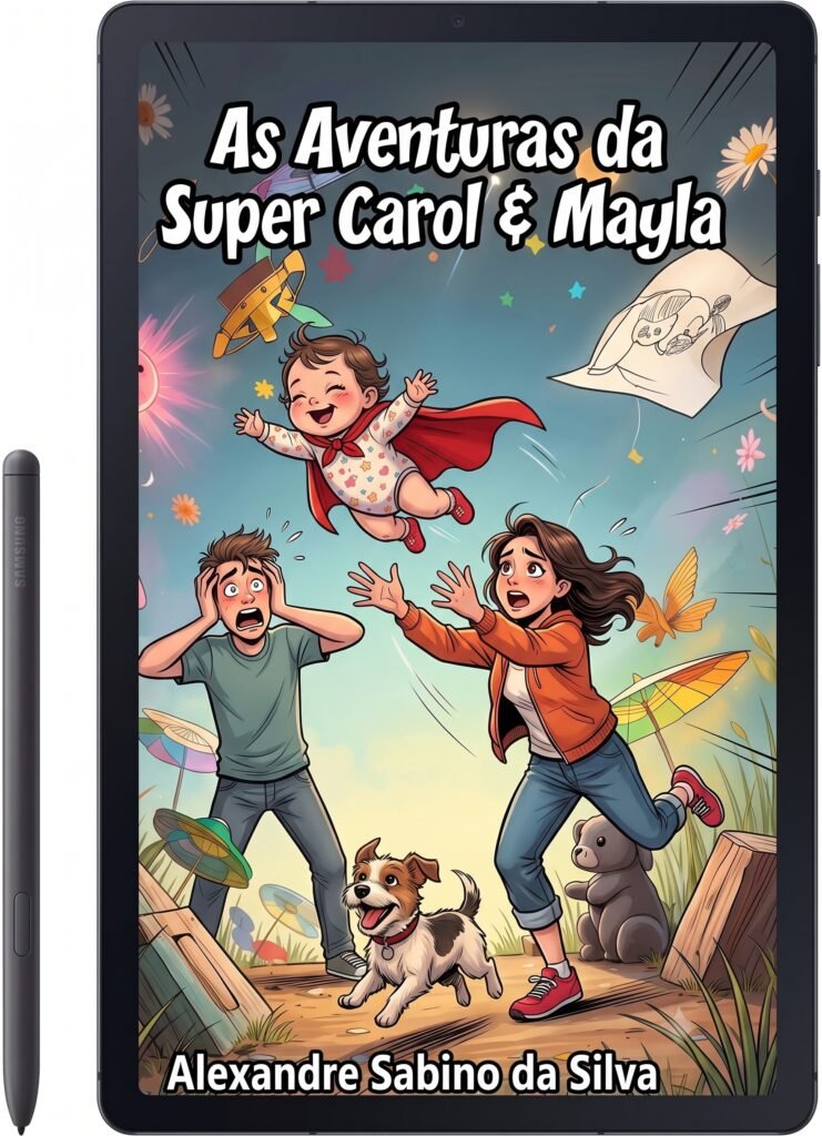 Capa do e-book infantil As Aventuras da Super Carol e Mayla dentro de um tablet. Ilustração colorida com família e a cachorrinha Mayla.