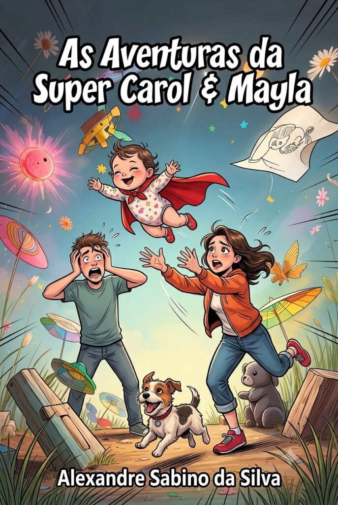Capa do e-book infantil As Aventuras da Super Carol e Mayla. Ilustração colorida com família e a cachorrinha Mayla.